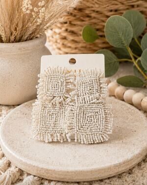 Kay Lee Off White Beaded Square Cut Earrings New